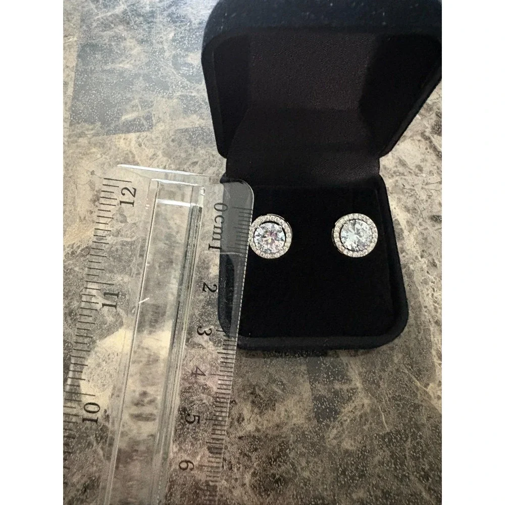 Silver Tone Round‎ Halo Cubic Zirconia Stud Earrings Brilliant Cut Pave Border